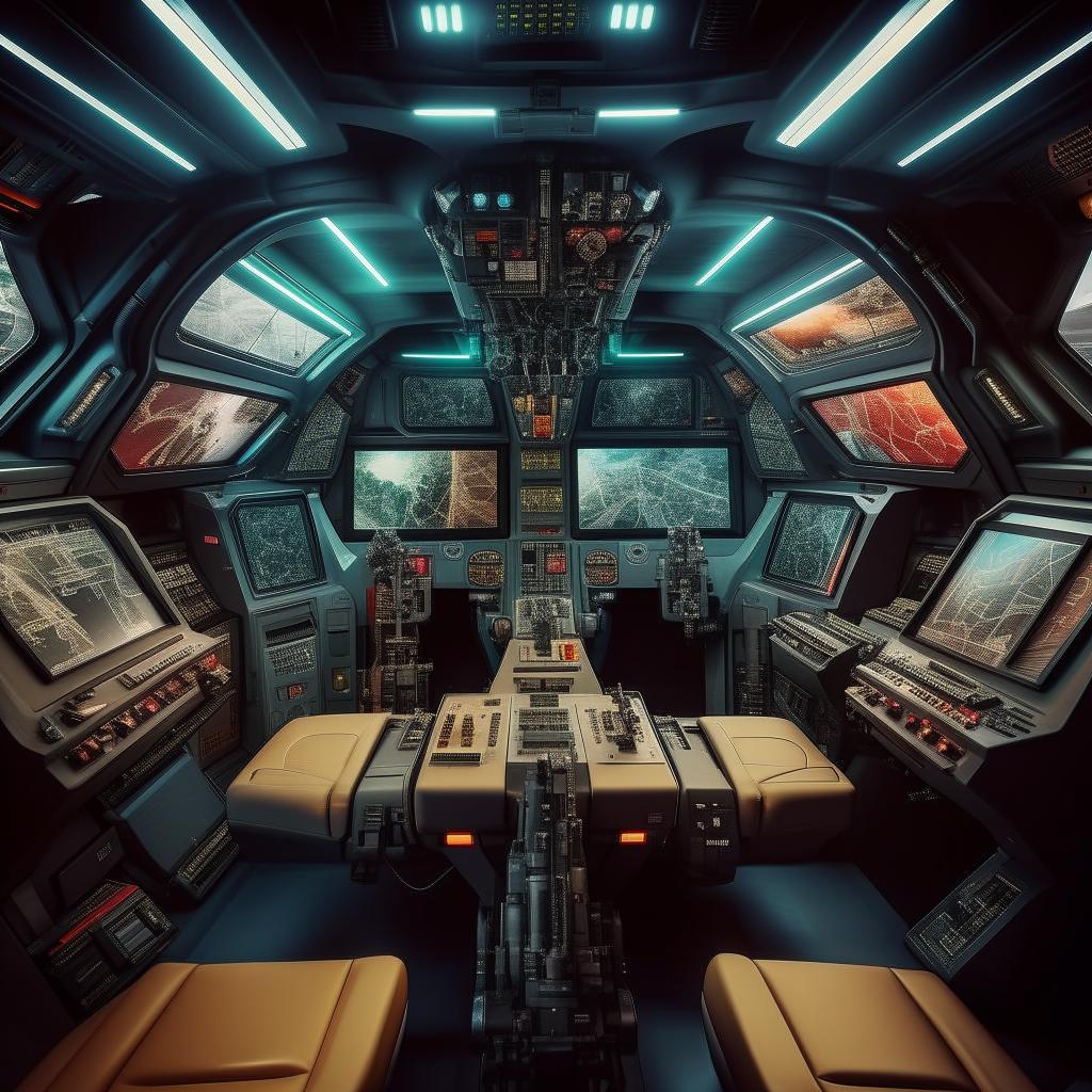 The interior of a four-person commando van that transforms into a futuristic jet fighter, featuring advanced control panels, high-tech navigation systems, and automated weapon controls accommodated for each occupant.