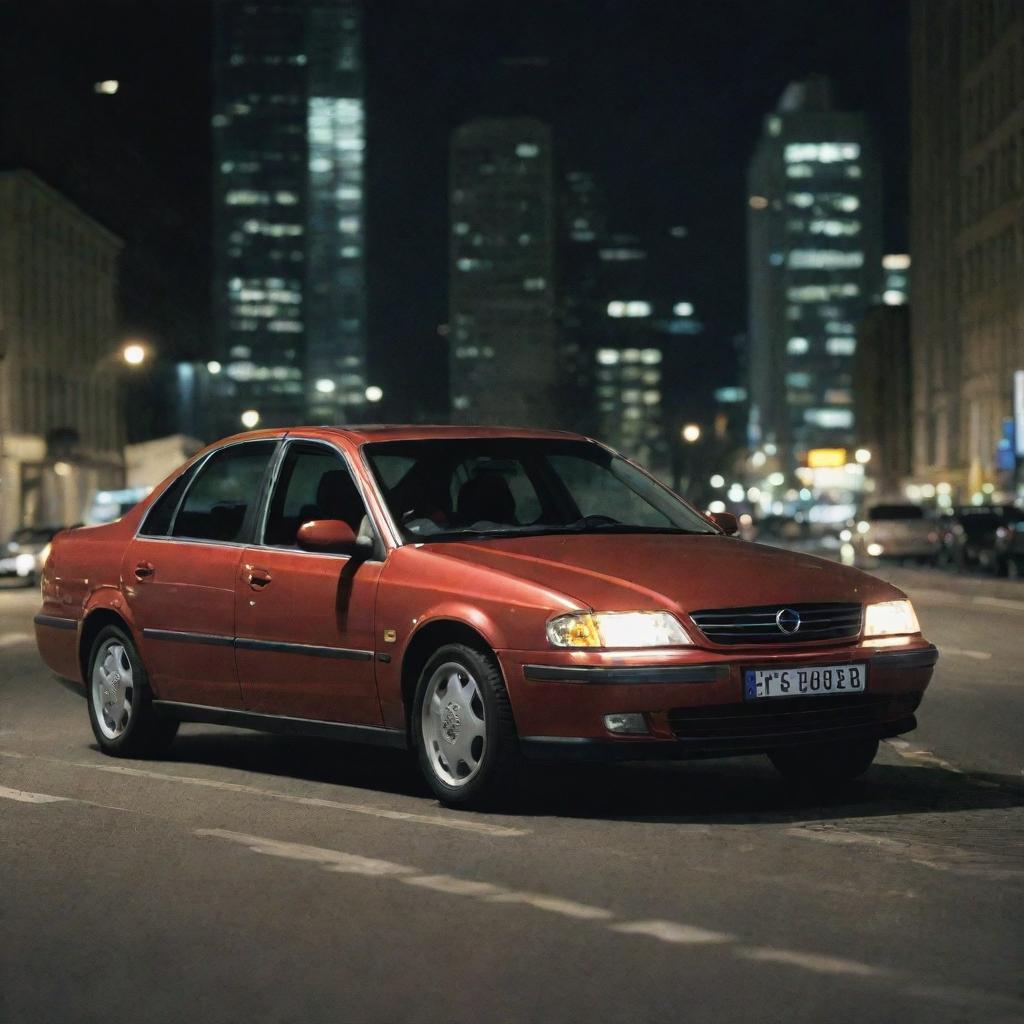 An Opel Omega B car parked in a bustling cityscape at night, illuminated by the vibrant city lights.