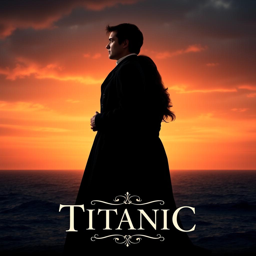 A dramatic movie poster featuring two people in a romantic pose, inspired by the iconic Titanic movie poster