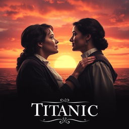 A dramatic movie poster featuring two people in a romantic pose, inspired by the iconic Titanic movie poster