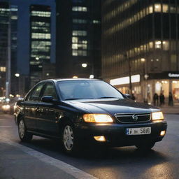 An Opel Omega B car parked in a bustling cityscape at night, illuminated by the vibrant city lights.