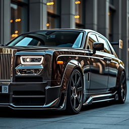 A modified Rolls Royce Phantom featuring an aggressive body kit, showcasing a striking transformation of its luxury design