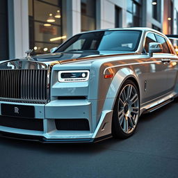 A modified Rolls Royce Phantom featuring an aggressive body kit, showcasing a striking transformation of its luxury design