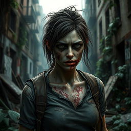 A detailed portrayal of Tess from 'The Last of Us' reimagined as a zombified character