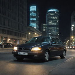 An Opel Omega B car parked in a bustling cityscape at night, illuminated by the vibrant city lights.