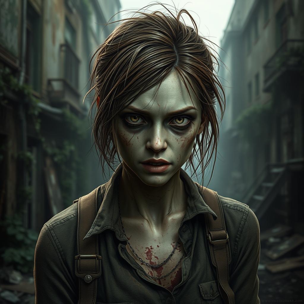 A detailed portrayal of Tess from 'The Last of Us' reimagined as a zombified character