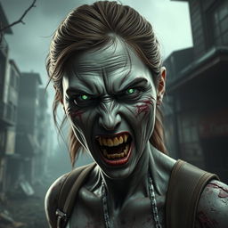 A highly detailed and dramatic portrayal of Tess from 'The Last of Us,' transformed into a zombified version