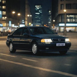 An Opel Omega B car parked in a bustling cityscape at night, illuminated by the vibrant city lights.