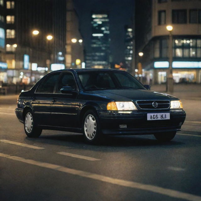 An Opel Omega B car parked in a bustling cityscape at night, illuminated by the vibrant city lights.