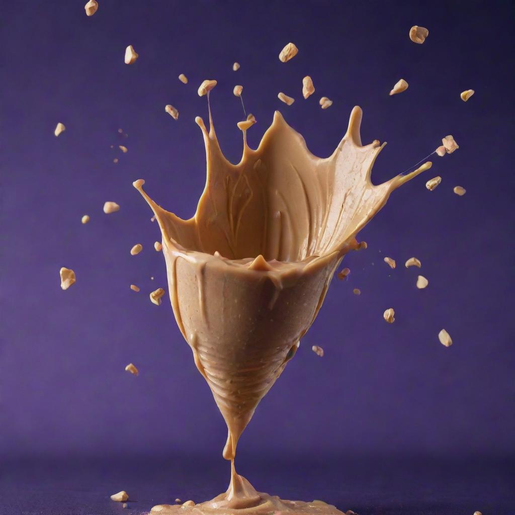 An explosion of creamy peanut butter in mid-air against a deep purple background, with shards of peanut and droplets of butter beautifully scattered around.