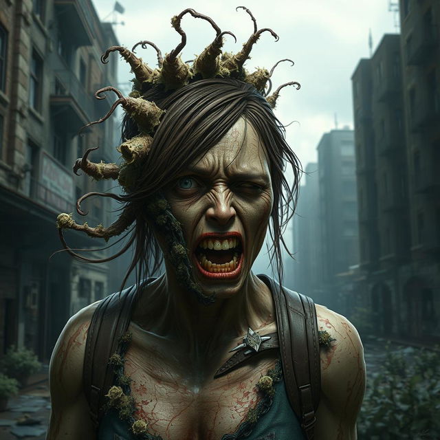 A detailed portrayal of Tess from The Last of Us transformed into an infected creature