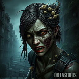 A detailed portrayal of Tess from The Last of Us transformed into an infected creature