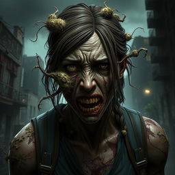 A detailed portrayal of Tess from The Last of Us transformed into an infected creature