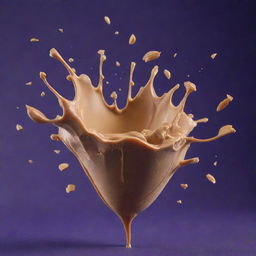 An explosion of creamy peanut butter in mid-air against a deep purple background, with shards of peanut and droplets of butter beautifully scattered around.