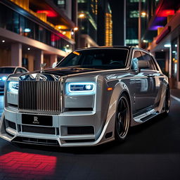 A modified Rolls Royce Phantom featuring an aggressive body kit, showcasing a bold transformation of its luxury design