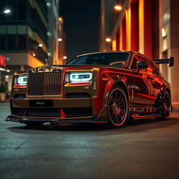 A modified Rolls Royce Phantom featuring an aggressive body kit, showcasing a bold transformation of its luxury design