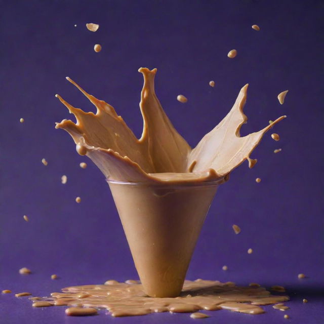 An explosion of creamy peanut butter in mid-air against a deep purple background, with shards of peanut and droplets of butter beautifully scattered around.