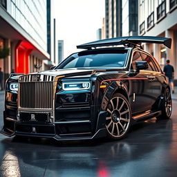 A modified Rolls Royce Phantom featuring an aggressive body kit, showcasing a bold transformation of its luxury design