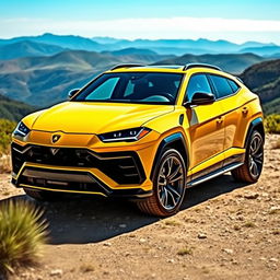 A sleek Lamborghini Urus showcased in a stunning natural landscape, surrounded by mountains and greenery