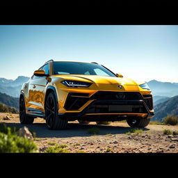 A sleek Lamborghini Urus showcased in a stunning natural landscape, surrounded by mountains and greenery