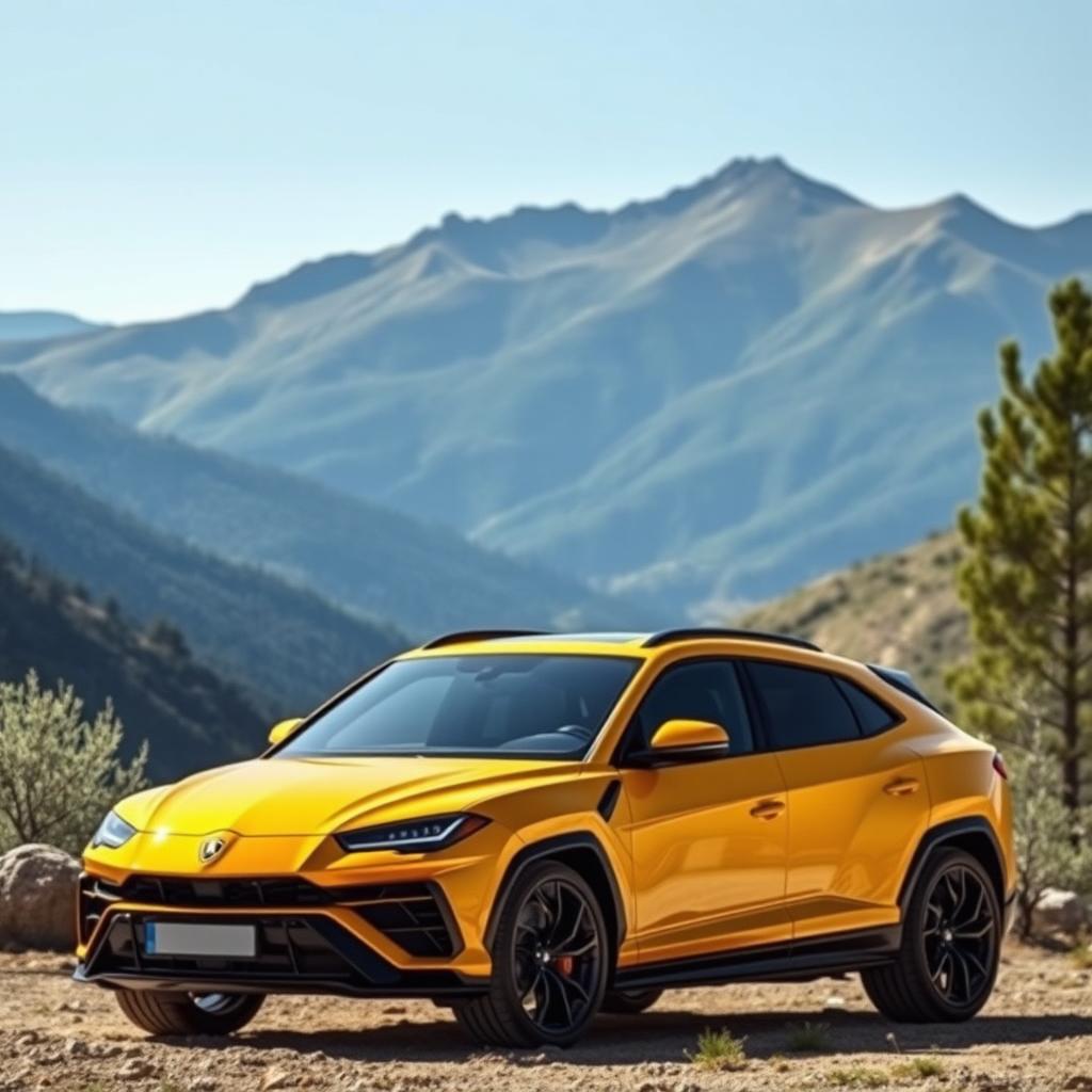 A sleek Lamborghini Urus showcased in a stunning natural landscape, surrounded by mountains and greenery