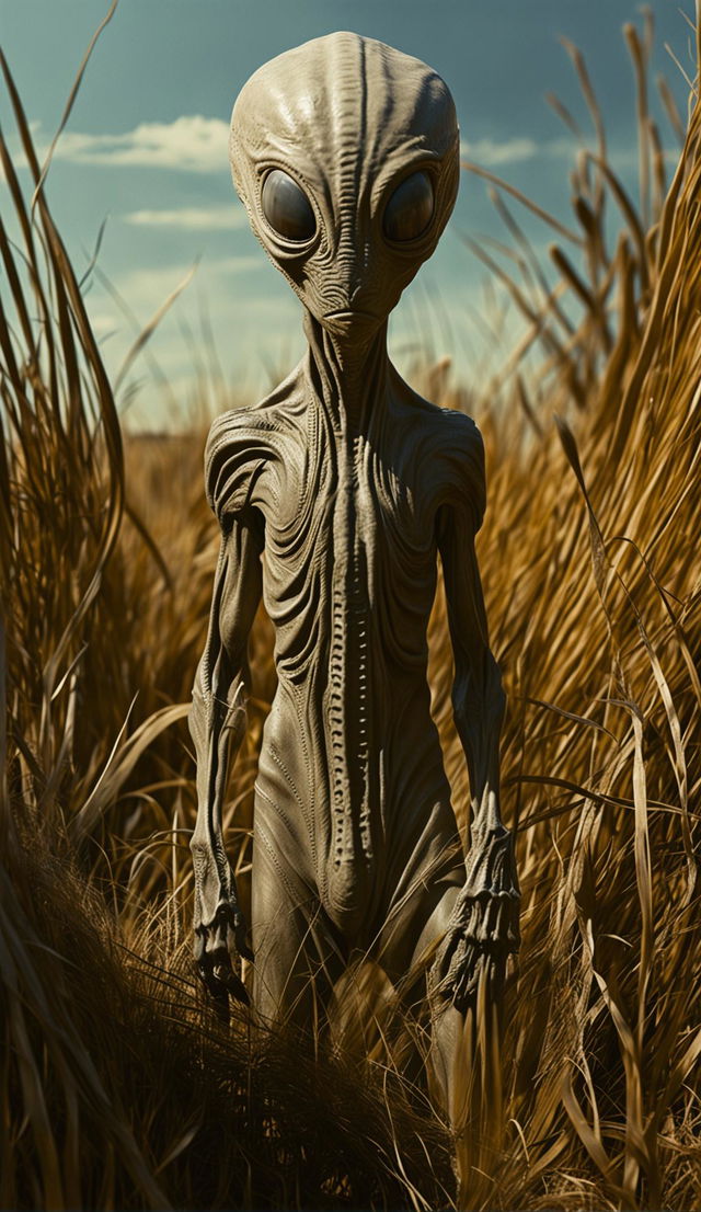 A HD photo-realistic image of a 7ft tall Roswell Grey alien with ultra-detailed textured skin and second eyelid standing in long dry grass under cool low light.