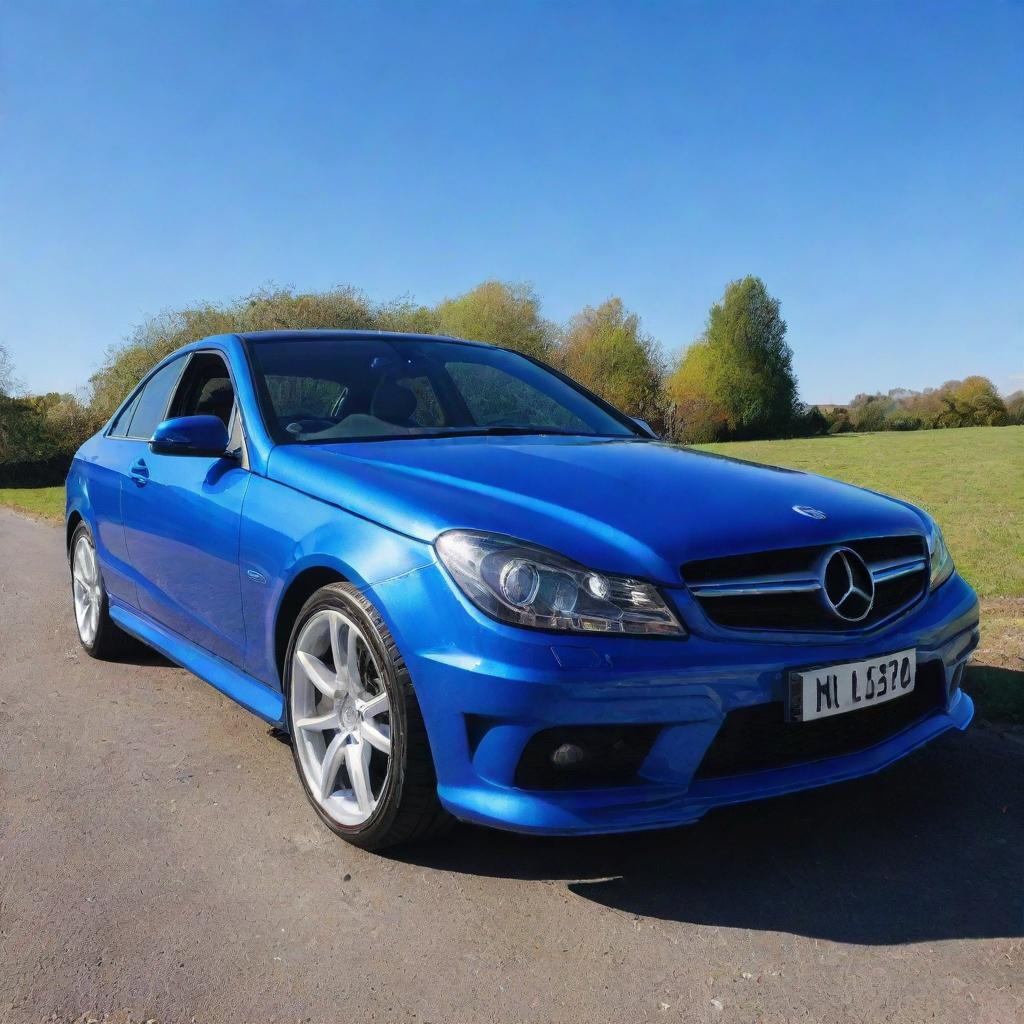 A stunning blue car under clear skies, its paint gleaming brilliantly in the sunlight.