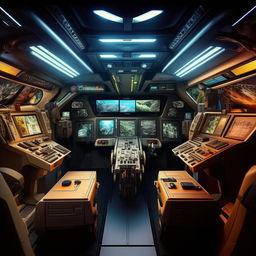 The interior of a four-person commando van that transforms into a futuristic jet fighter, featuring advanced control panels, high-tech navigation systems, and automated weapon controls accommodated for each occupant.