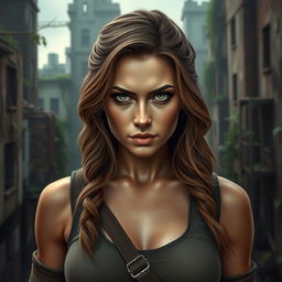 A highly detailed, realistic portrait of a strong and attractive woman in a post-apocalyptic setting inspired by 'The Last of Us'