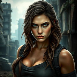 A highly detailed, realistic portrait of a strong and attractive woman in a post-apocalyptic setting inspired by 'The Last of Us'