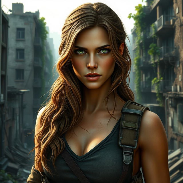 A highly detailed, realistic portrait of a strong and attractive woman in a post-apocalyptic setting inspired by 'The Last of Us'