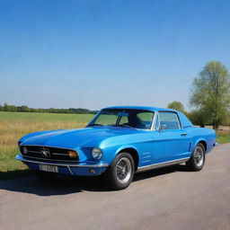 A stunning blue car under clear skies, its paint gleaming brilliantly in the sunlight.