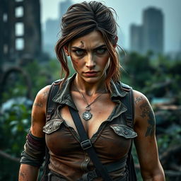 A striking, bold portrait of Tess from The Last of Us, portrayed as an alluring and confident survivor in a post-apocalyptic setting