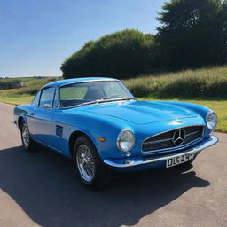 A stunning blue car under clear skies, its paint gleaming brilliantly in the sunlight.