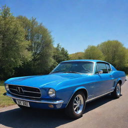 A stunning blue car under clear skies, its paint gleaming brilliantly in the sunlight.