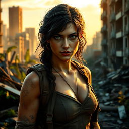 A stunning portrayal of Tess from The Last of Us, depicted in a post-apocalyptic setting