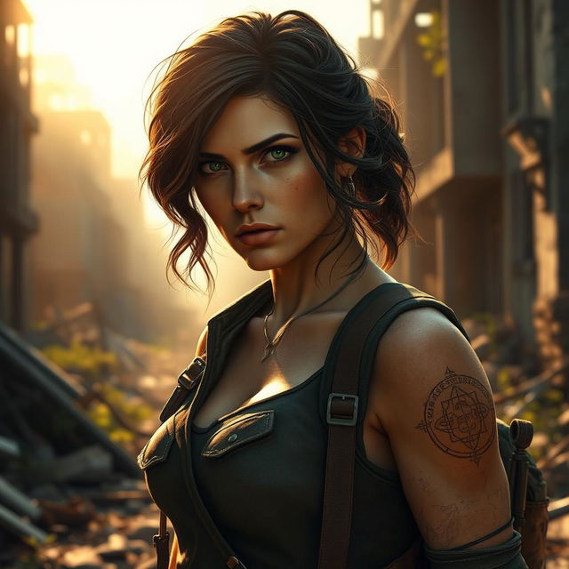 A stunning portrayal of Tess from The Last of Us, depicted in a post-apocalyptic setting