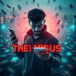 A futuristic and cinematic film poster titled 'The Virus' featuring a 27-year-old Indian male hacker, deeply focused, surrounded by a chaotic scene of technology