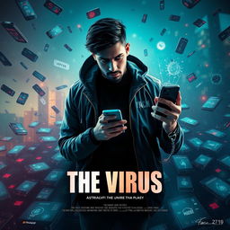 A futuristic and cinematic film poster titled 'The Virus' featuring a 27-year-old Indian male hacker, deeply focused, surrounded by a chaotic scene of technology