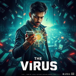 A futuristic and cinematic film poster titled 'The Virus' featuring a 27-year-old Indian male hacker, deeply focused, surrounded by a chaotic scene of technology