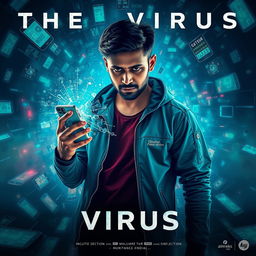 A futuristic and cinematic film poster titled 'The Virus' featuring a 27-year-old Indian male hacker, deeply focused, surrounded by a chaotic scene of technology