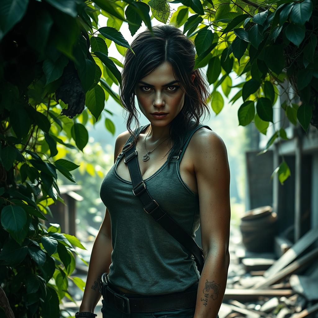 A provocative portrait of Tess from "The Last of Us" styled as a strong, confident woman