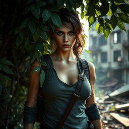 A provocative portrait of Tess from "The Last of Us" styled as a strong, confident woman