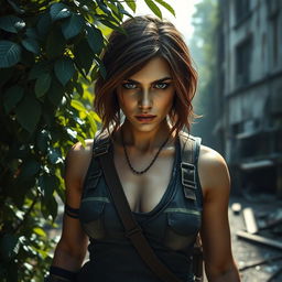 A provocative portrait of Tess from "The Last of Us" styled as a strong, confident woman