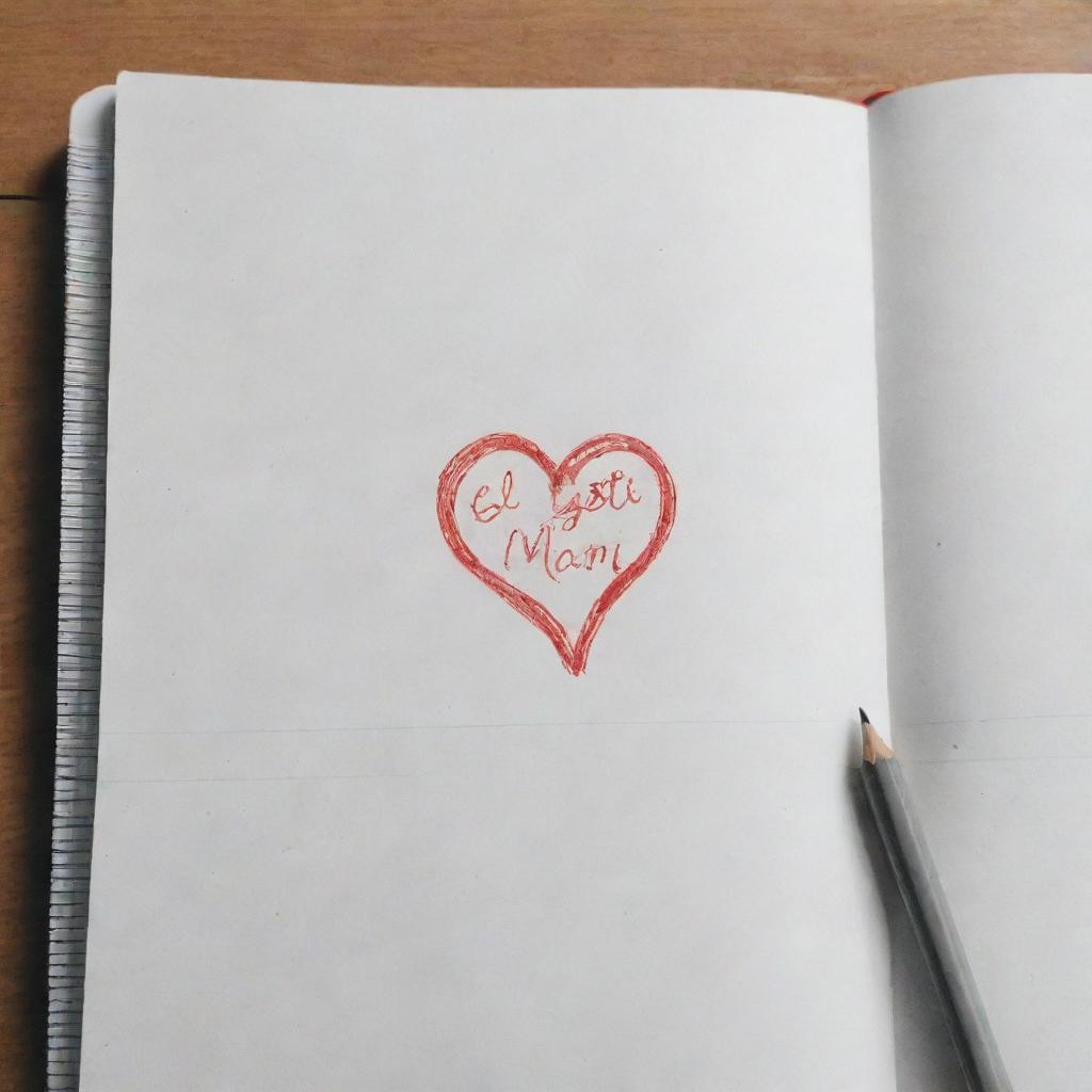 A sketchy line-drawn heart on an open notebook resting on a bed, complete with the phrase 'El goti mami' written beneath the heart.