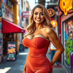 A confident woman with large breasts, standing in a vibrant, colorful urban environment