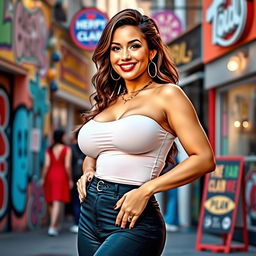 A confident woman with large breasts, standing in a vibrant, colorful urban environment