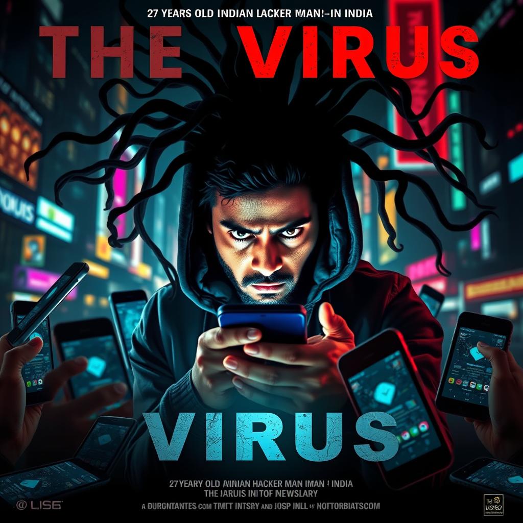 A cinematic sci-fi movie poster titled 'The Virus', featuring a 27-year-old Indian hacker man in India