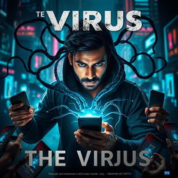 A cinematic sci-fi movie poster titled 'The Virus', featuring a 27-year-old Indian hacker man in India