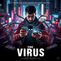 A cinematic sci-fi movie poster titled 'The Virus', featuring a 27-year-old Indian hacker man in India